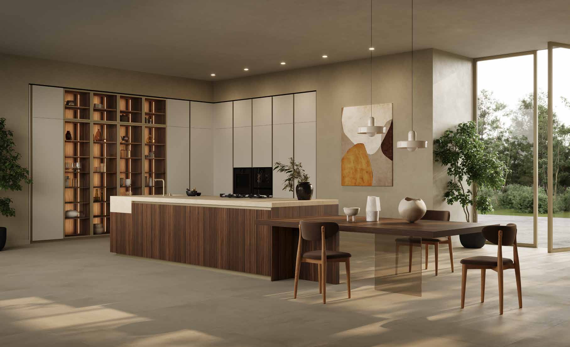 Cuisine Zecchinon à Biarritz : plan minéral associé à un placage bois chêne, contraste de textures du design italien