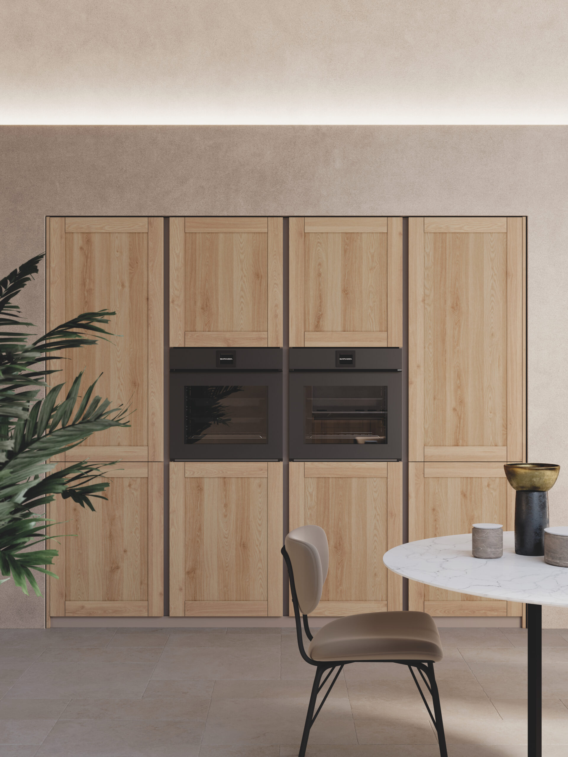 Façade en bois de chêne — finition matte, veinages naturels, cuisine italienne