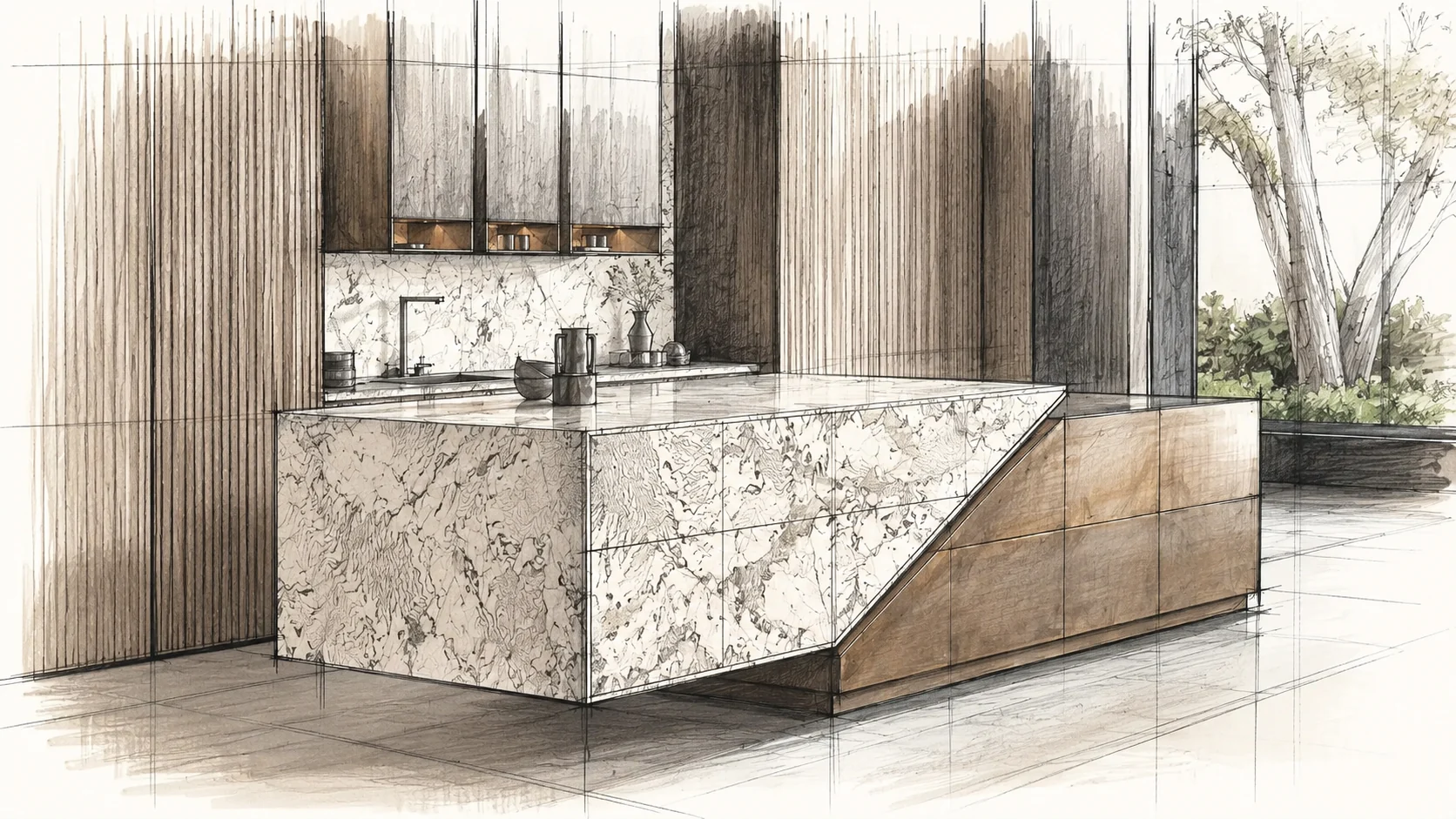 Croquis d'architecte d'un îlot de cuisine Eggersmann