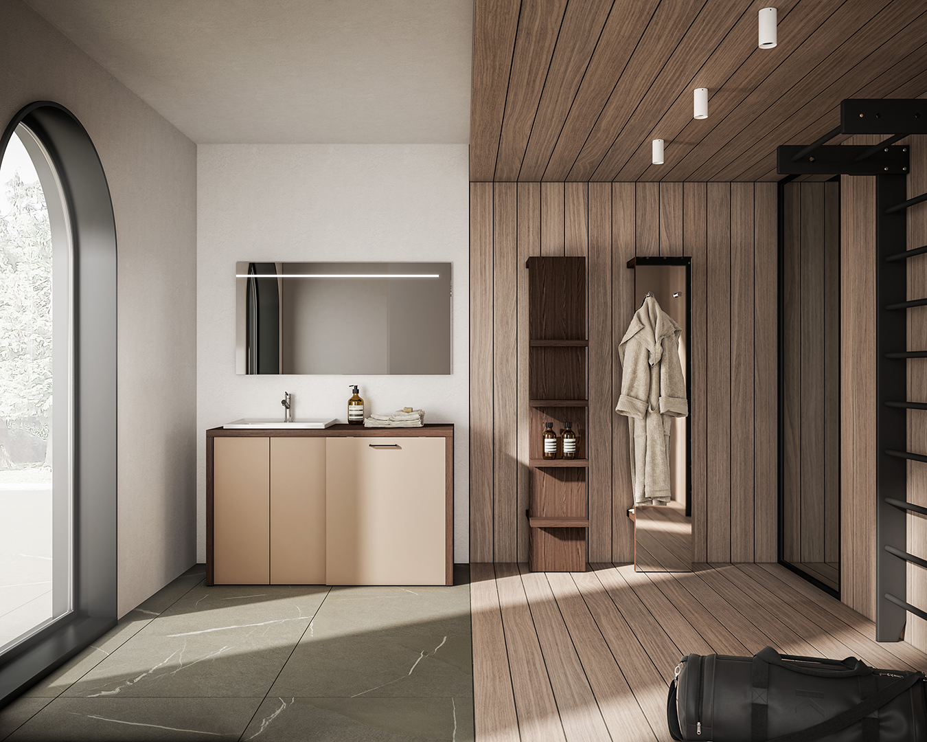 BMT Bagni Kosmo — meuble salle de bain suspendu laque et miroir, Biarritz