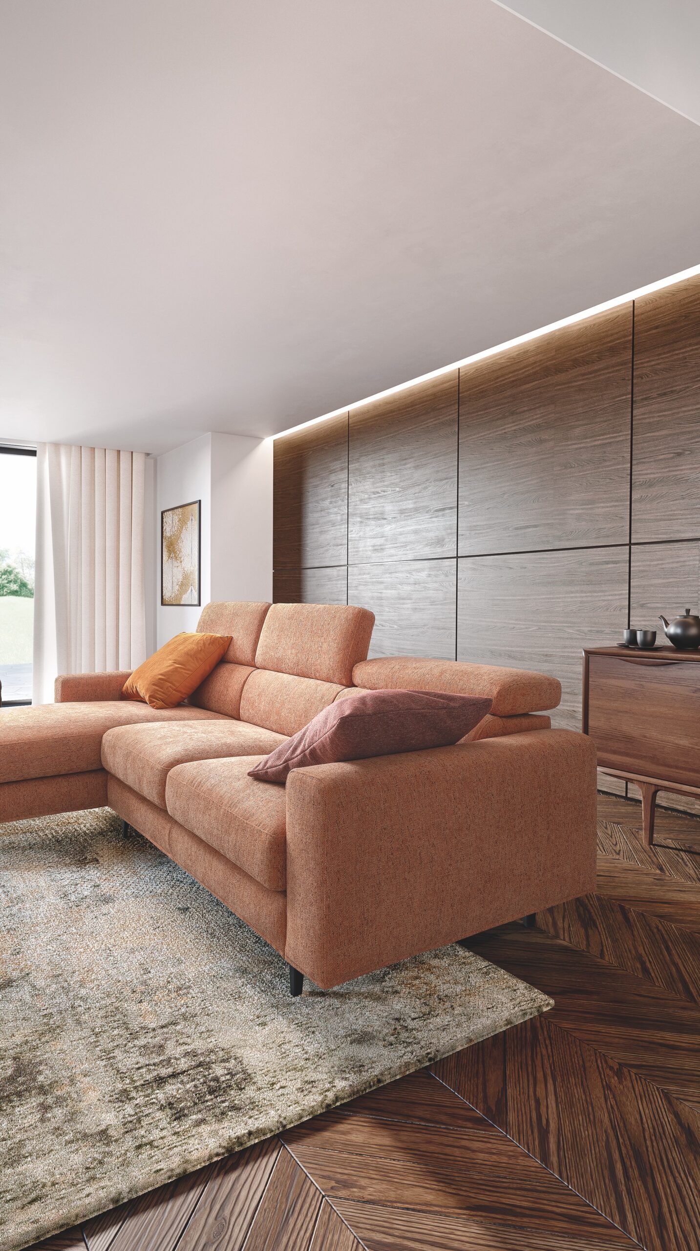 Canapé LeCOMFORT collection Argo — vue d'ensemble en tissu italien haut de gamme, salon Biarritz