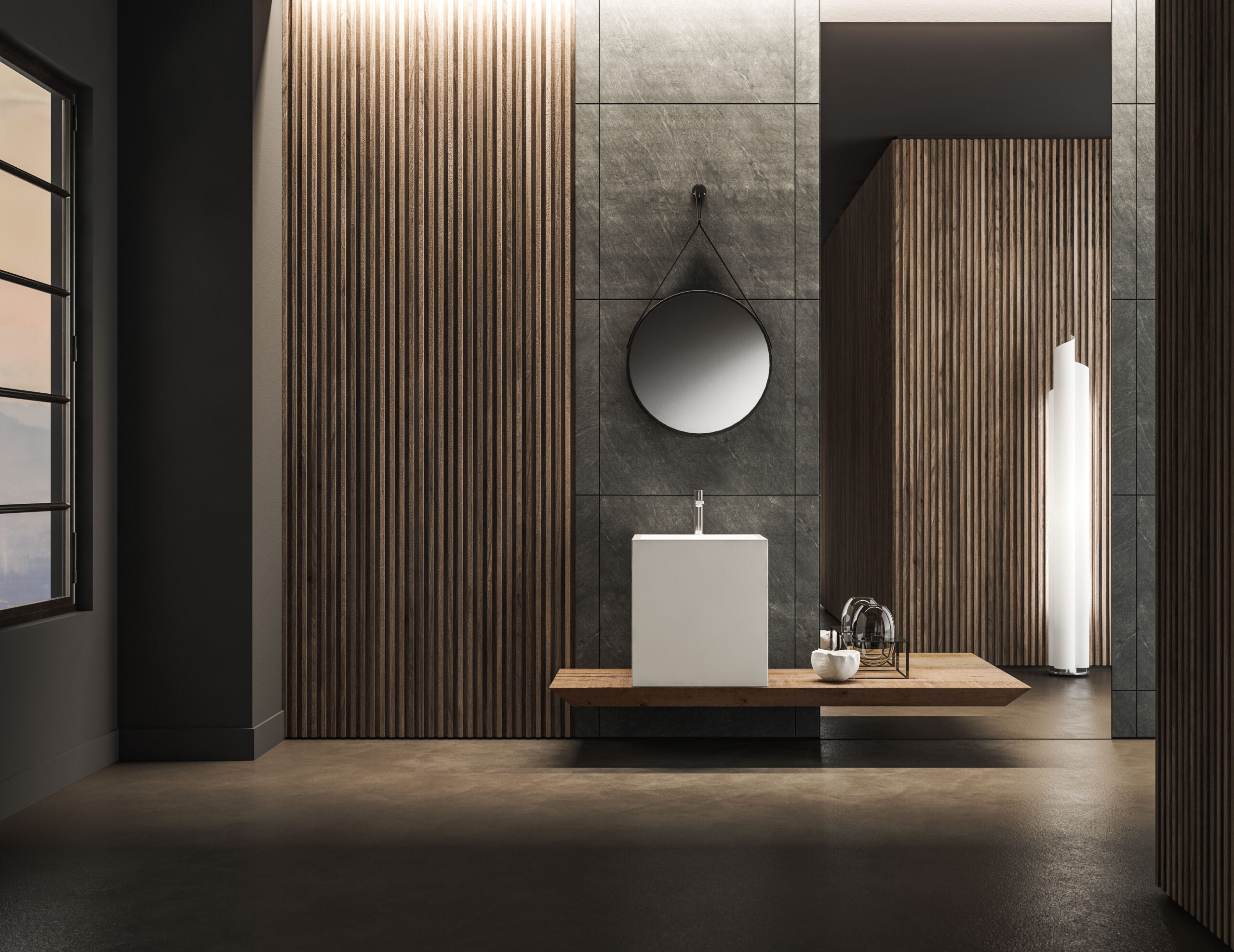 Salle de bain design italien BMT Blues à Biarritz — ambiance contemporaine marbre et bois sur mesure