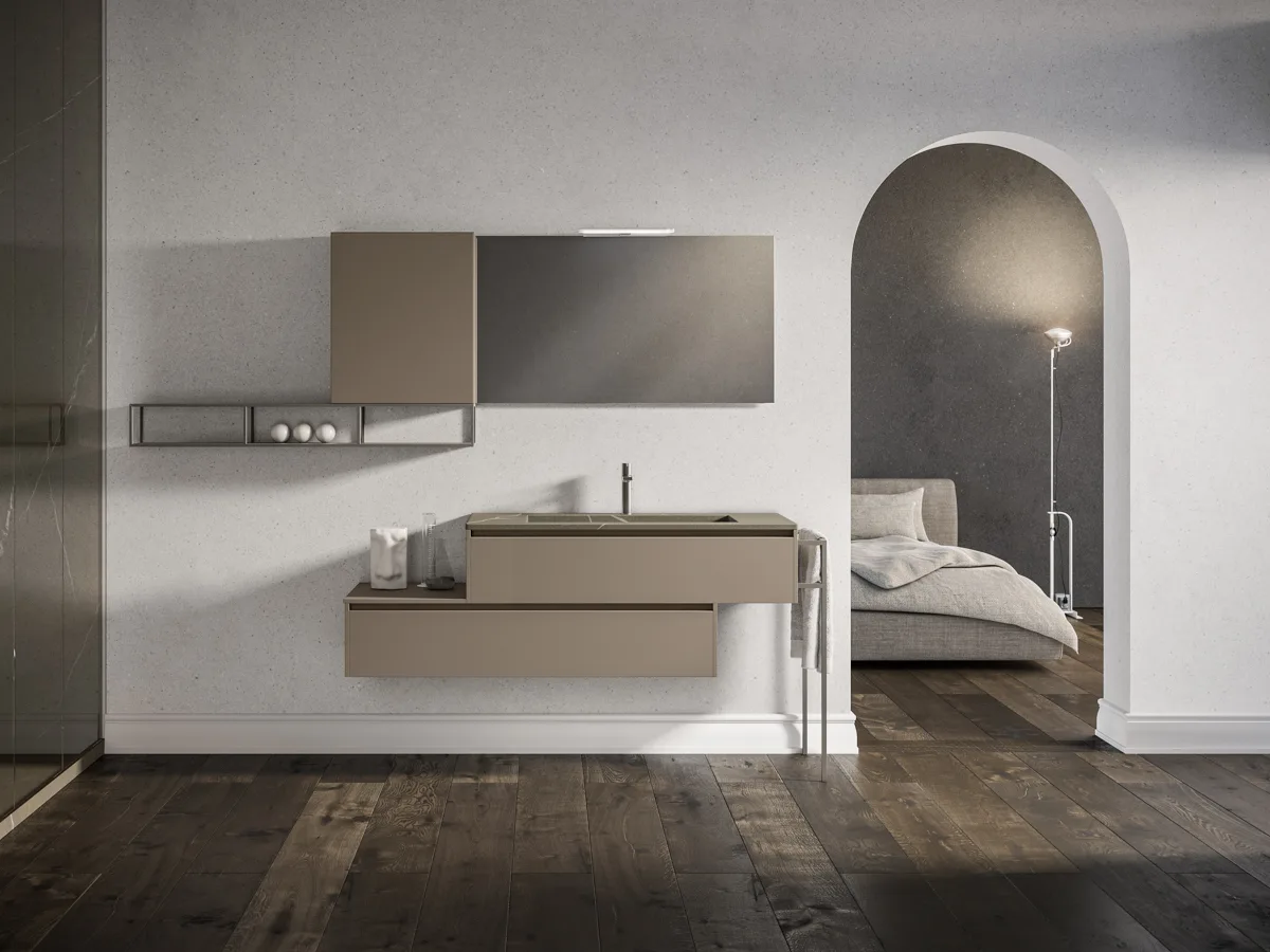 Meuble salle de bains BMT Swing — vasques laquées et miroir intégré, contemporain